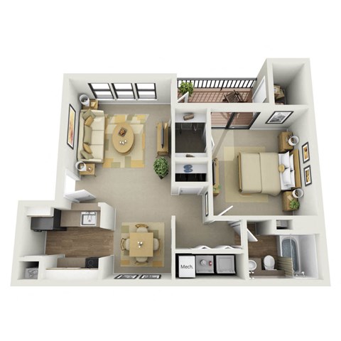 Floor plan for 1 bed, 1 bath, 767 sqft